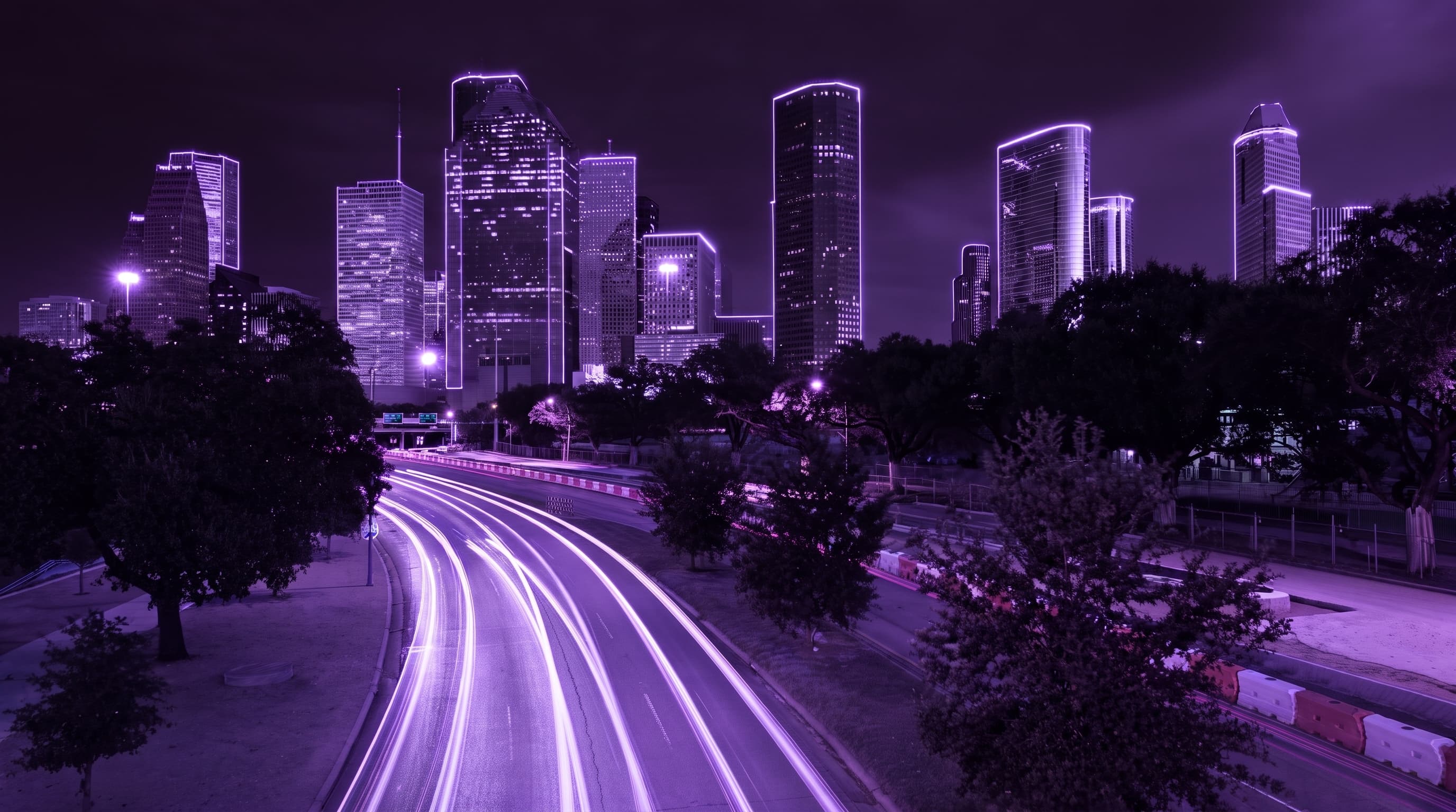 Abel's photo of the downtown Houston skyline from Allen Parkway, restyled: towers edge-lit in glowing violet, light trails streaming down the curve