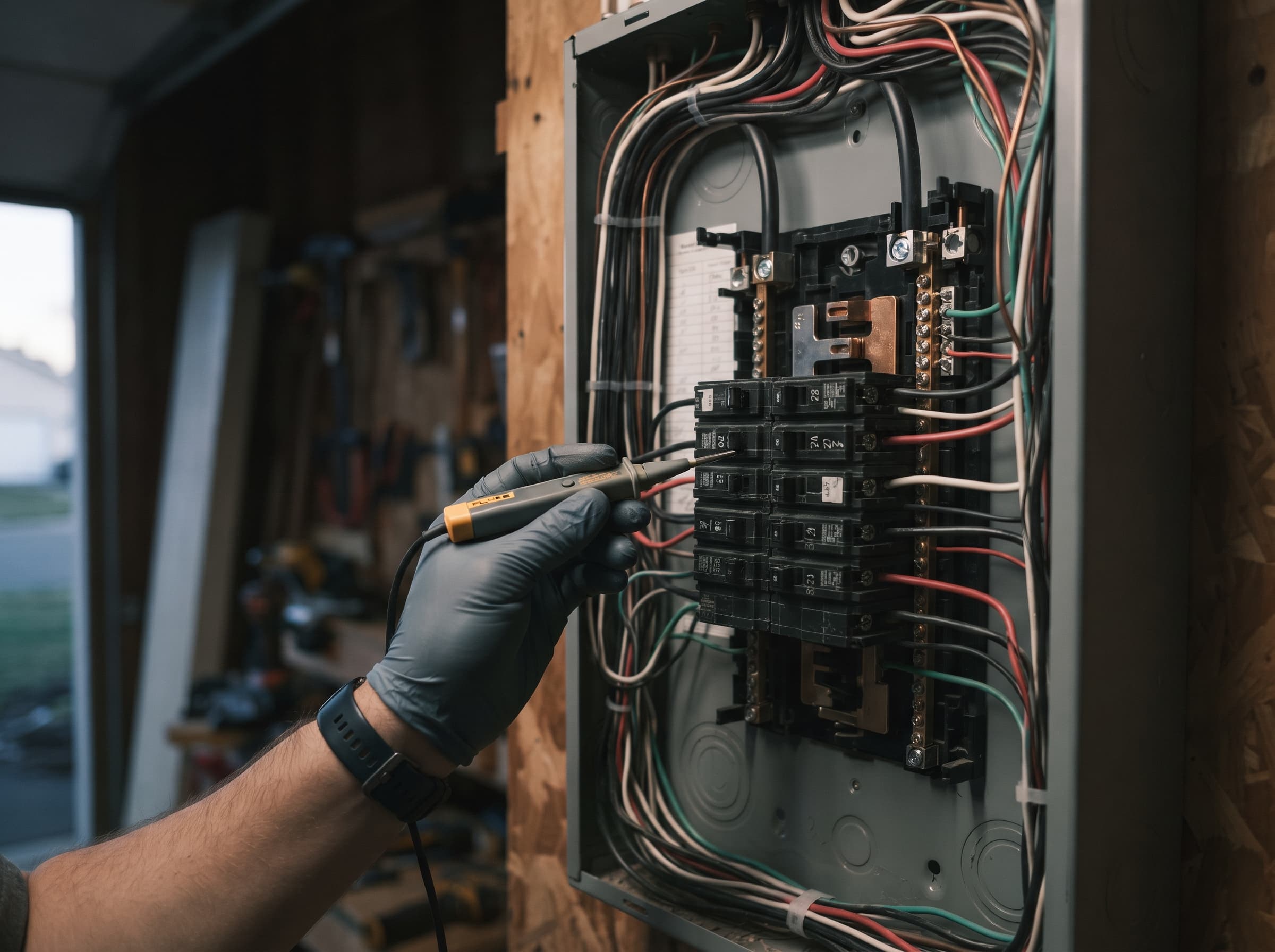 A gloved hand testing a breaker in an immaculately wired electrical panel under honest work light