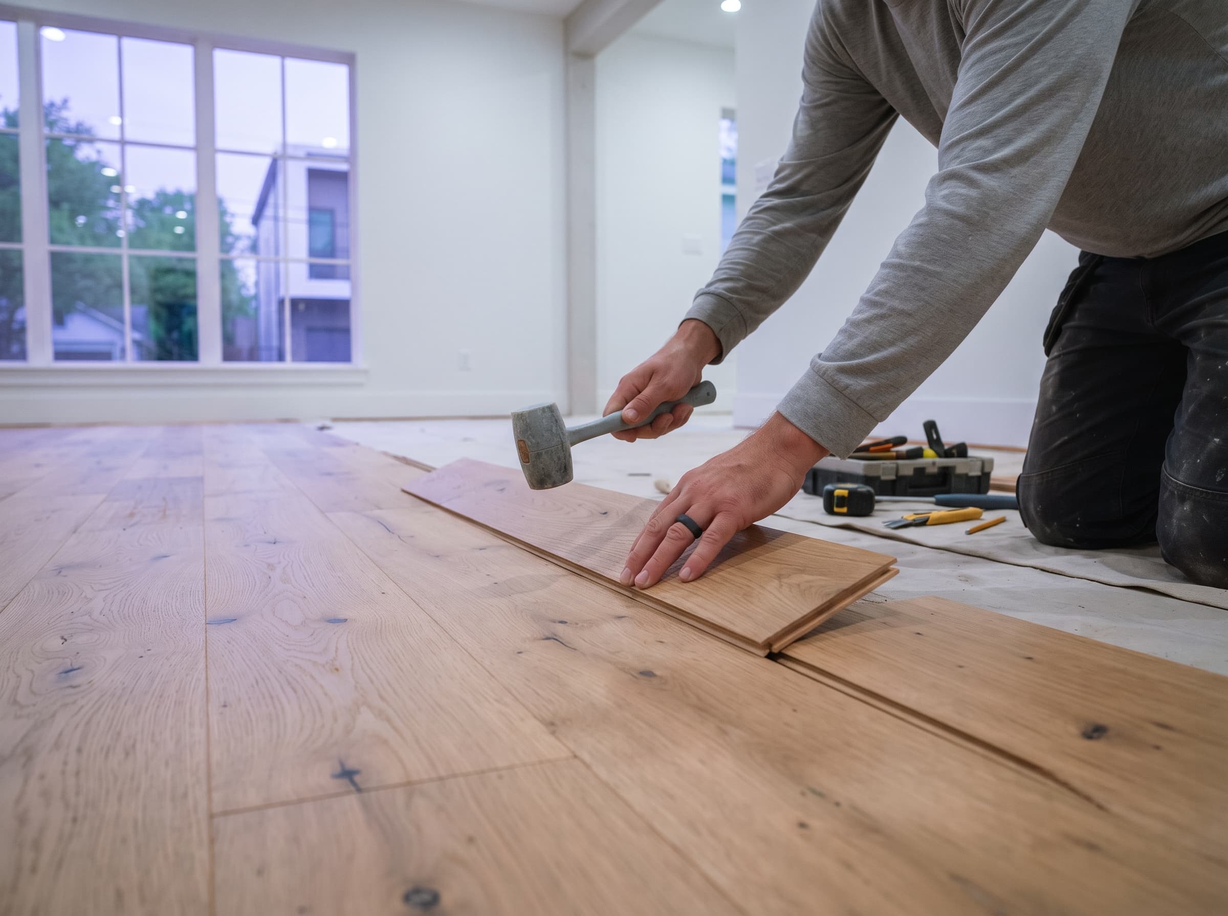 Wide-plank white oak flooring being set with a mallet in a bright renovated living room at dusk