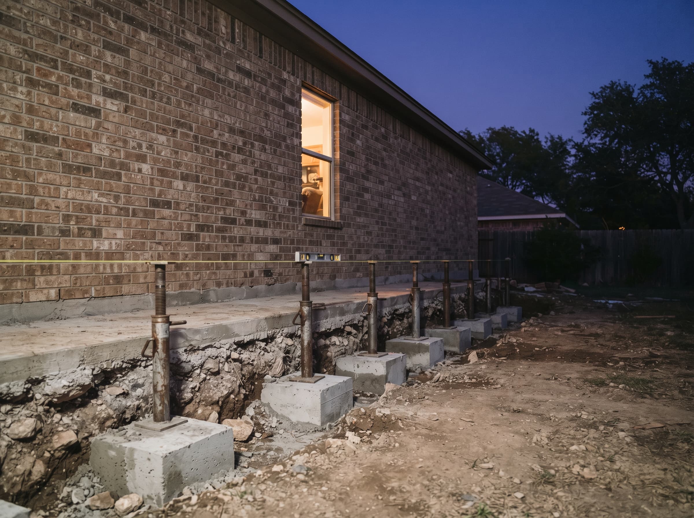 A neat row of steel support jacks on fresh concrete piers along a brick home's slab at dusk, string line level