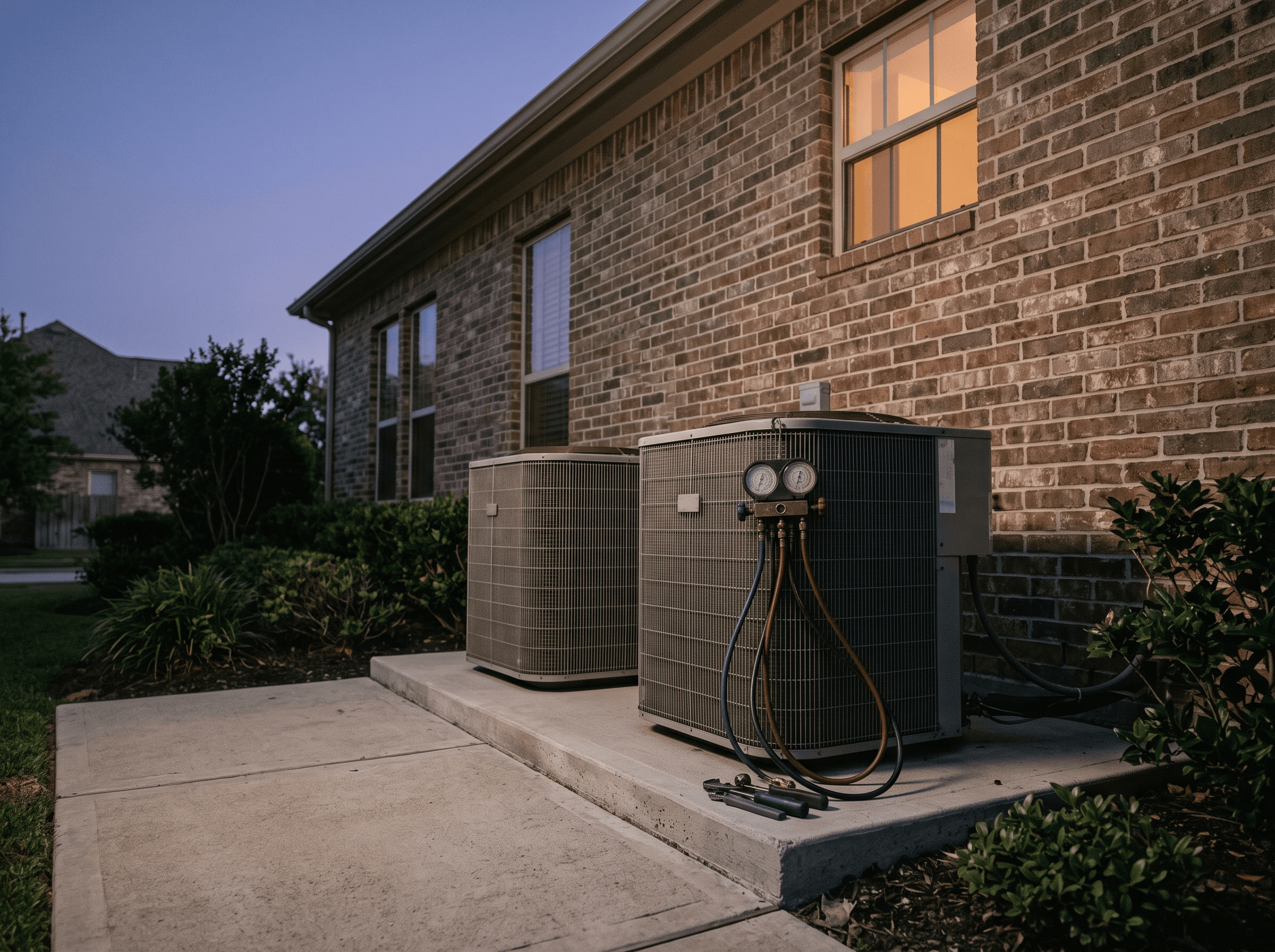Two residential air-conditioning condenser units beside a Houston brick home at dusk, gauges resting on the unit