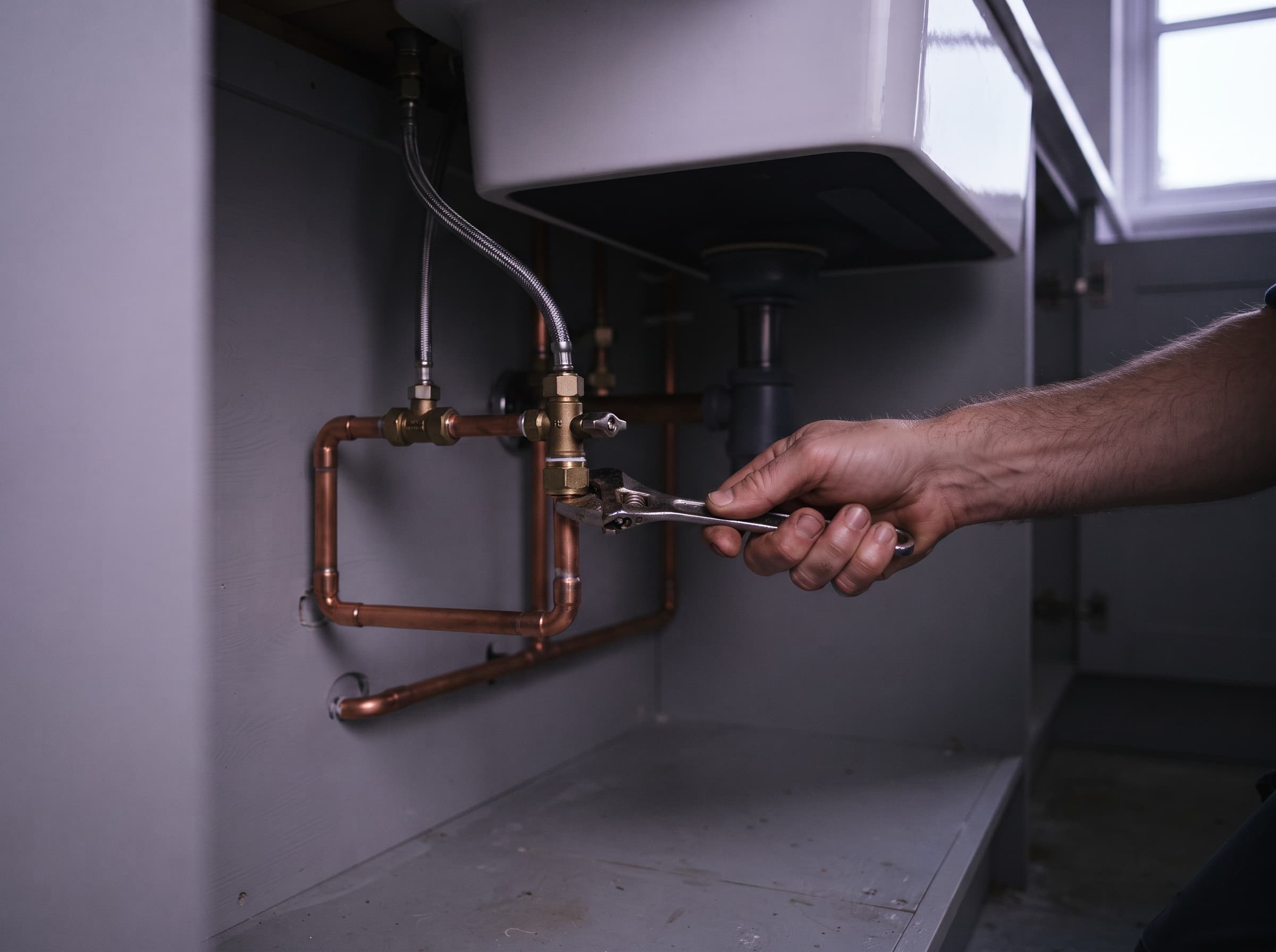 A hand making the final calm turn of a wrench on clean copper pipework under a modern white sink