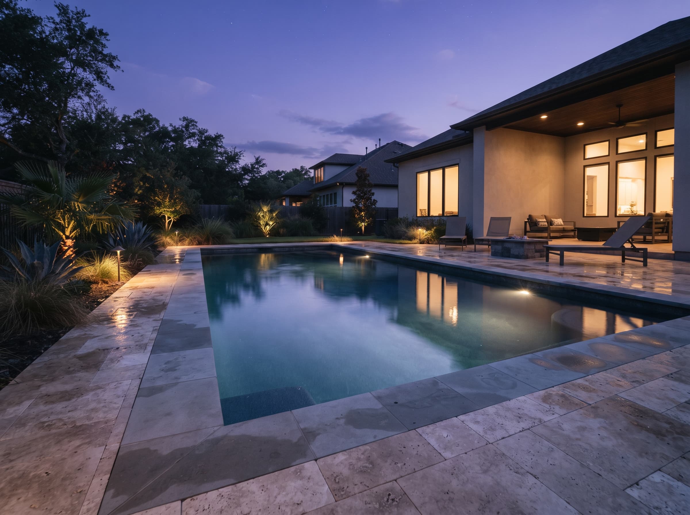 A newly finished custom pool glowing at blue hour in a Houston backyard, glassy water reflecting the twilight